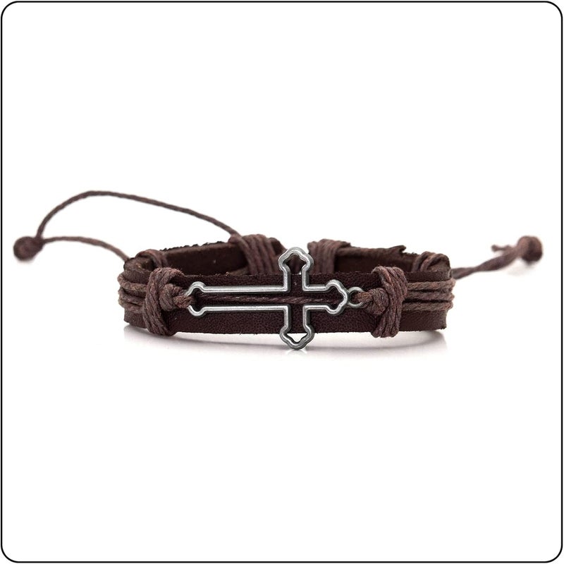 Fusamk Fashion Cross Tag Bangle Adjustable Leather Cuff Wristband Drawstring Rope Bracelet - Image 2